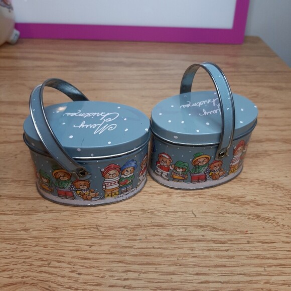 Pair VTG RAZ Imports Merry Christmas Mini Anthropomorphic Bear Tins w/ Handle - Picture 8 of 10